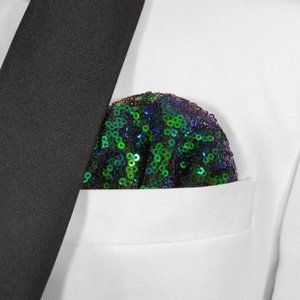 New - Men's Sequin Pre-Folded Pocket Square Insert - Iridescent Green & Blue